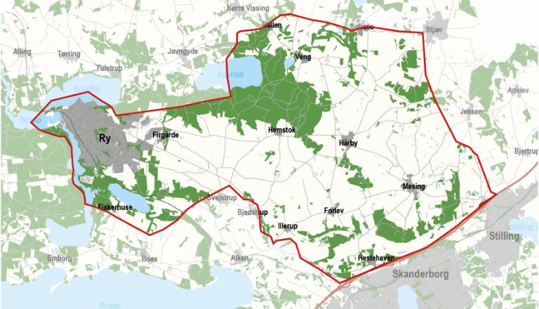Oversigt med en markering af et område NV for Skanderborg indeholdt Ry, Firgårde, Fiskerhuse, Hemstok, Dallen, Mesing, Veng, Illerup, Hårby og Forlev.
