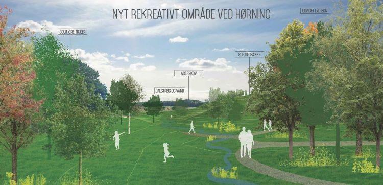 Illustration af kuperet grønt område med silhuetter af mennesker, der går tur og leger.