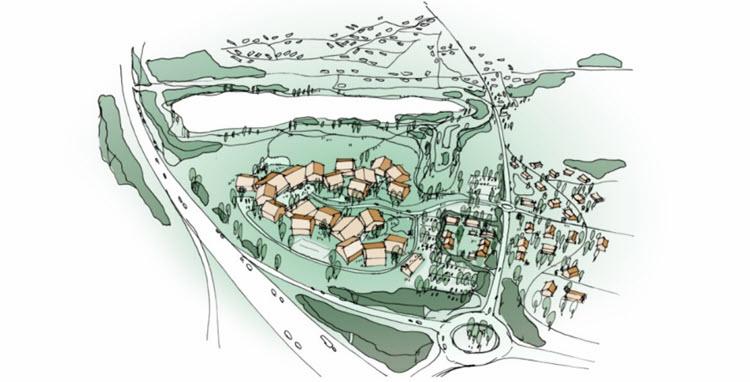Illustrationen viser en grøn byudviklingsskitse med bygninger samlet i klynger omkring stier og et fælles torv, omgivet af natur, en sø, veje og rundkørsel.