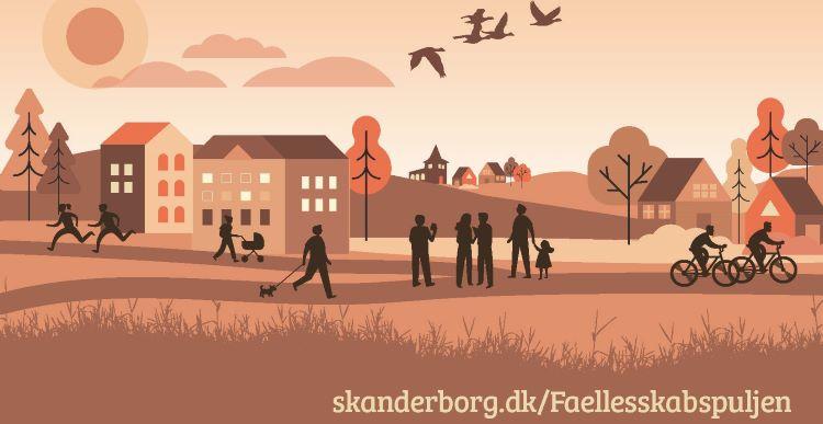 Illustration i orange og brune farver af mennesker ved huse og træer.