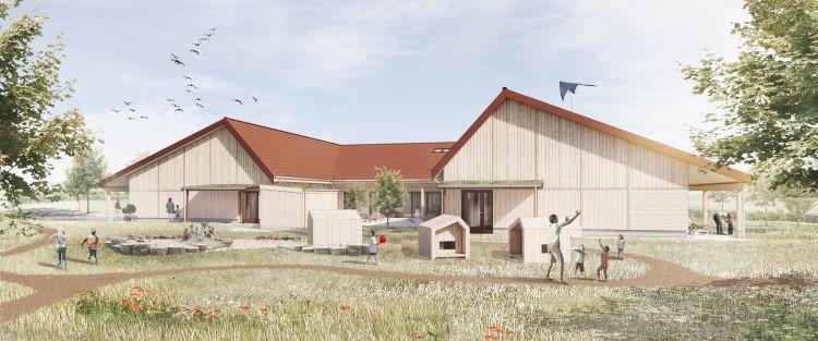 Illustration af H-formet bygning i lyst træ med rødt tag og grønne udeområder.