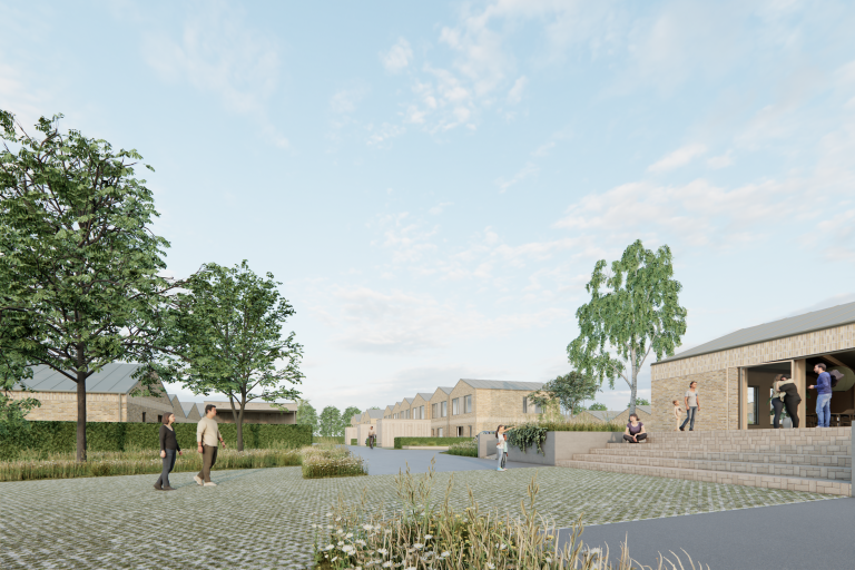 Illustration af, hvordan det kan komme til at se ud, når man ankommer til boligområdet og fælleshuset. Bygningerne er bygget i lyse mursten med stort udeareal ude foran samt grønne træer og buske. Illustrationen er lavet af Bengtsen Arkitekter.