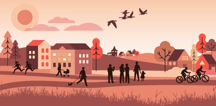 Illustration i et grafisk design af et livligt boligområde med både børn og voksne, cykellister, løbere, hundeluftere og barnevogne. Solen hænger lavt på himlen og fuglene flyver forbi.