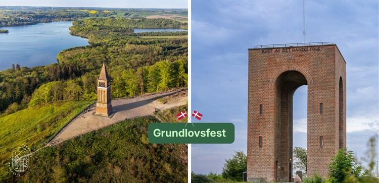 Collage med to billeder - et dronebillede af Himmelbjerget med grønne træer og et billede af Ejer Bavnehøj. I mellem billederne er en grafik med teksten "Grundlovsfest" og dannebrogsflag.