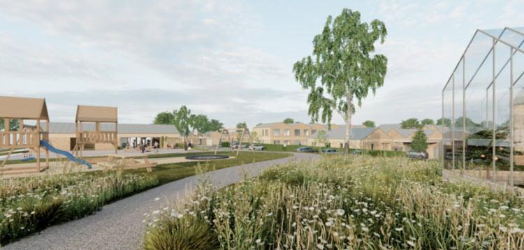 Visualisering af det kommende boligområde ved Almuevej i Vrold med boliger, grønne fællesarealer, stier og legeplads.