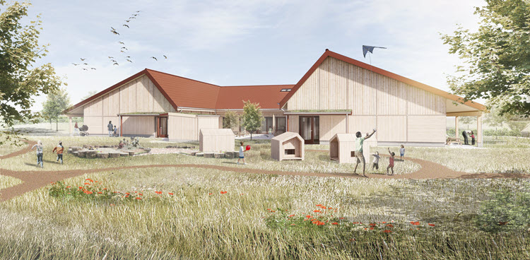 Illustration af det nye børnehus med træer og grønne områder.